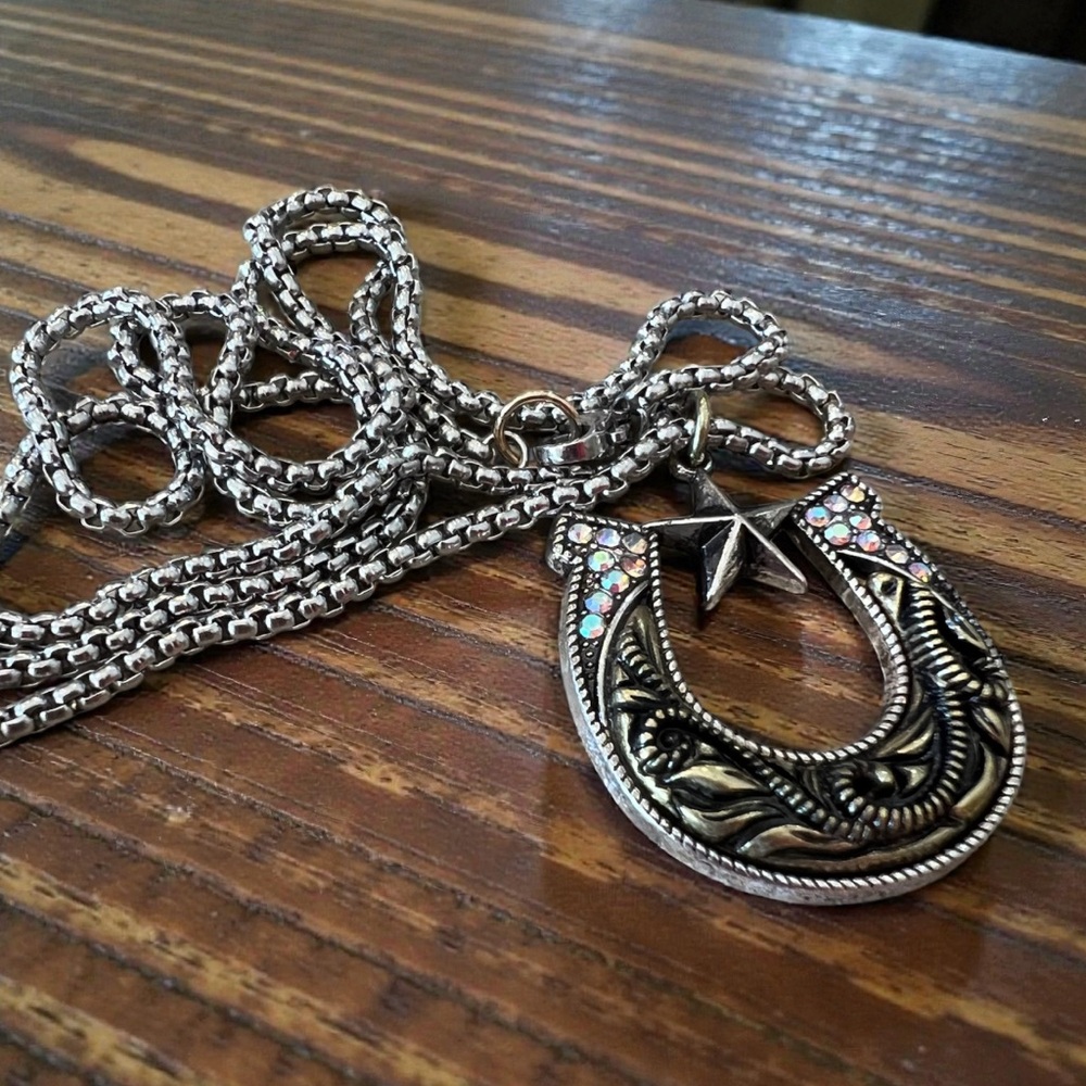 Silver and Gold Toned Horseshoe Necklace with Star Accent on a 24” chain - Picture 13 of 17